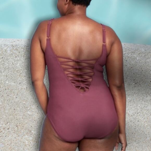 Aqua Green New Currant Red sun blocking lace up one piece swimwear size 26W - Picture 4 of 16